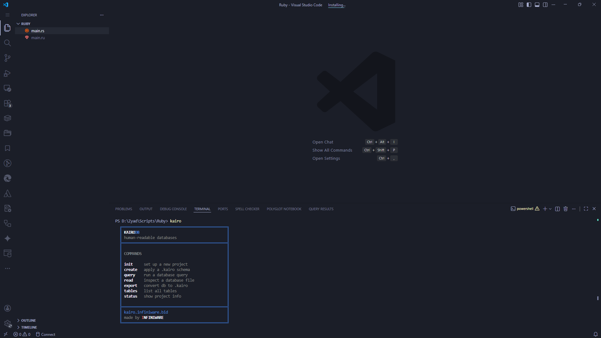 KairoDB running inside VS Code terminal